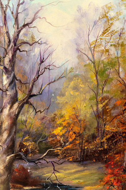 Λεπτομέρεια από μια vintage ελαιογραφία πολύχρωμο φθινόπωρο χρωματιστά δάση και ρυάκι σε καμβά. Παραδοσιακή ζωγραφική τοπίου. Ιμπρεσιονισμός. Τέχνη. - Φωτογραφία, εικόνα