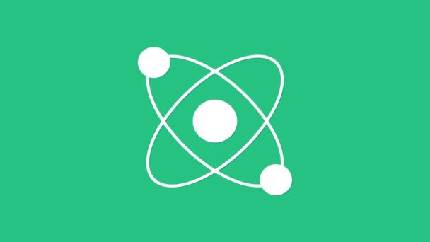 Icona White Atom isolata su sfondo verde. Simbolo di scienza, educazione, fisica nucleare, ricerca scientifica. Animazione grafica 4K Video motion. - Filmati, video
