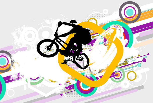BMX piloto, jovem ativo fazendo truques em uma bicicleta - Vetor, Imagem
