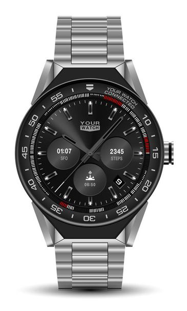 Réaliste montre horloge chronographe acier inoxydable design noir moderne objet de mode de luxe pour les hommes sur fond blanc vecteur - Vecteur, image