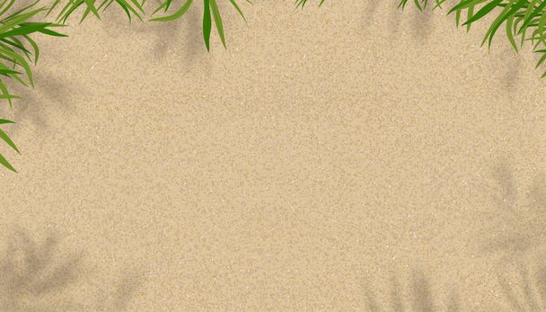 Sandstruktur, Draufsicht Strand mit Palmblättern und Schatten auf sandigem Hintergrund, Vector Seaside tropischer Strand mit Kokosnussblättern auf brauner Farbe mit Kopierraum, Sommer-Hoilday-Hintergrund - Vektor, Bild