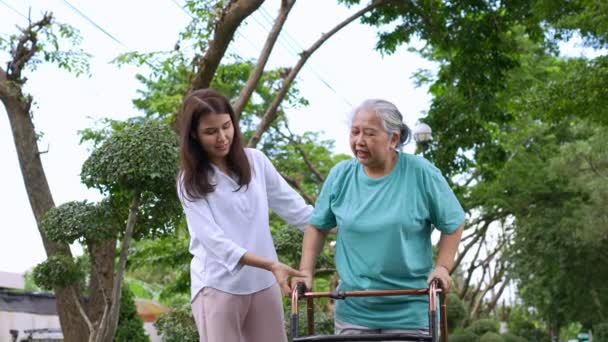 Yaşlı bir Asyalı kadın yürüteç kullanıyor ve kızıyla bahçede yürüyor. Mutlu emeklilik kavramı. Bakıcının, birikimin, sağlık sigortasının ve sağlık hizmetlerinin bakımıyla. - Video, Çekim