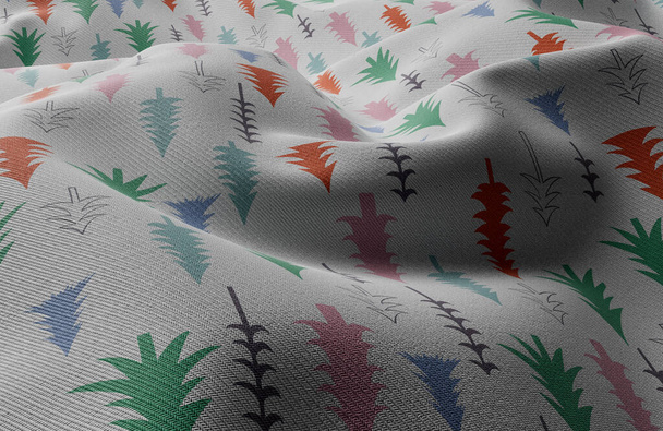 A section of wavy fabric with christmas tree patterns on a dimly lit background - 3D render - Photo, Image