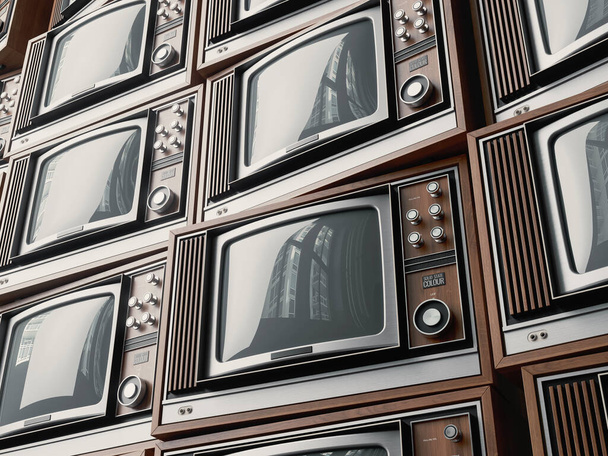 Una pared apilada de viejos televisores de tubo vintage con adornos de madera y esferas y perillas de cromo - 3D render - Foto, Imagen