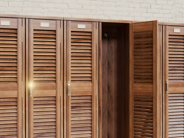 Ряд винтажных деревянных шкафчиков с жалюзи с одной открытой дверью, открывающей пустой интерьер - 3D рендеринг - Фото, изображение