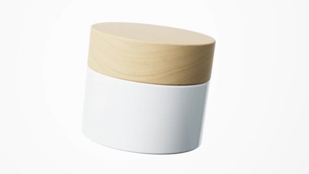 Косметична кремова банка з дерев'яною кришкою, що крутиться на білому фоні ізольовано, упаковка для догляду за продуктом макет 3D рендерингу, шаблон пластикової тари
 - Кадри, відео