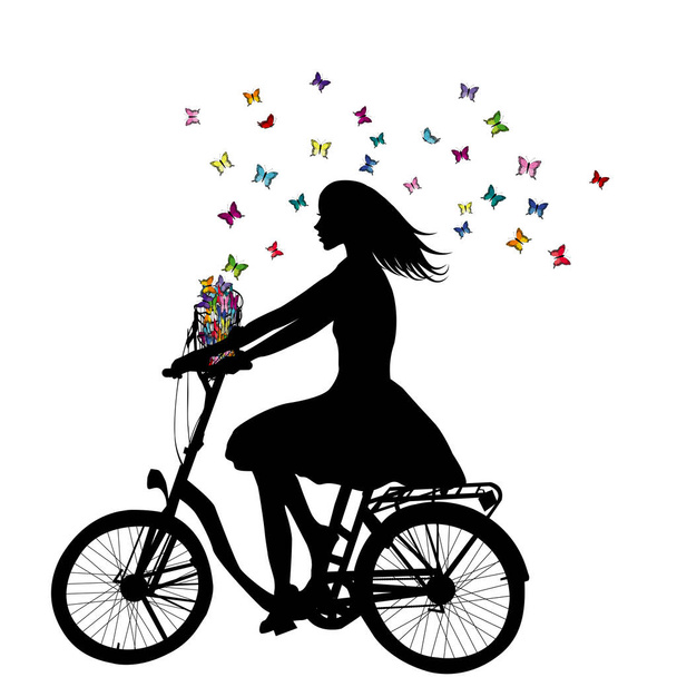 Abstract stylized silhouette of woman on a bicycle with butterflies  - Vector, Image