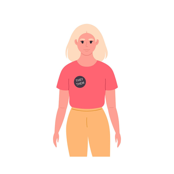 Young character with gender pronouns pin. She, he, they, non-binary. Gender-neutral movement. LGBTQ community. Vector illustration - Vector, Image