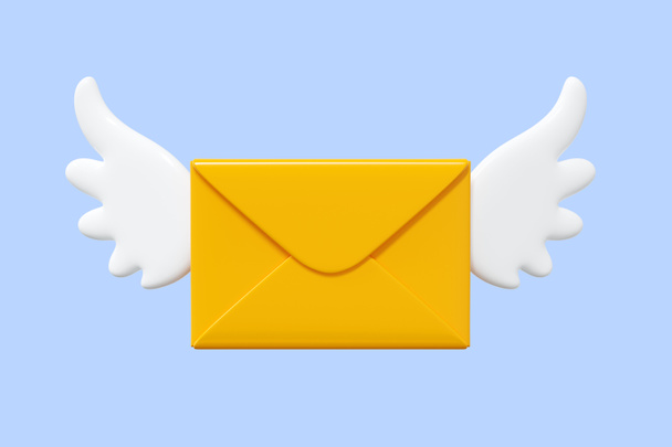 Fliegender Brief mit Flügeln 3D-Rendering-Illustration. Cartoon geflügeltes Papier gelber Umschlag für die schnelle Lieferung von Newsletter-Konzept. Eingehende E-Mails oder Nachrichten isoliert Symbol. - Foto, Bild