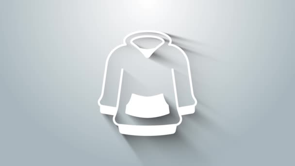 Weißes Kapuzenpullover-Symbol auf grauem Hintergrund. Kapuzen-Sweatshirt. 4K Video Motion Grafik Animation. - Filmmaterial, Video
