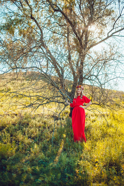 Girl in the red dress is walking On the field - Fotoğraf, Görsel