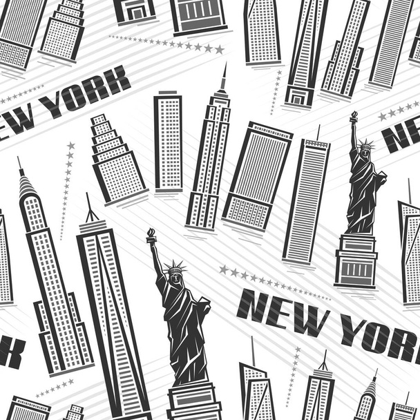 Векторный нью-йоркский бесшовный рисунок, квадратный повторяющийся фон с иллюстрациями современных контурных зданий в США на белом фоне, монохромный городской плакат с черными словами Нью-Йорк - Вектор,изображение