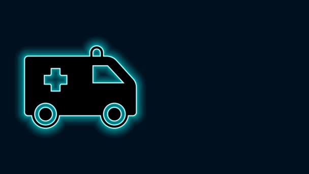 Gloeiende neon lijn Ambulance en nood auto pictogram geïsoleerd op zwarte achtergrond. Ambulance voertuig medische evacuatie. 4K Video motion grafische animatie. - Video