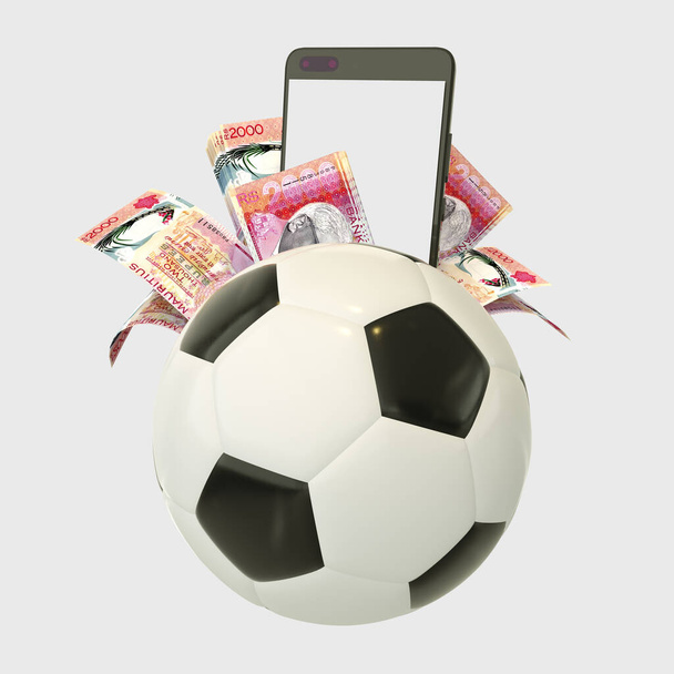3D-Darstellung von Mauritius-Rupien-Scheinen und Telefon hinter dem Fußball. Sportwetten, Fußballwetten Konzept isoliert auf weißem Hintergrund. Attrappe - Foto, Bild