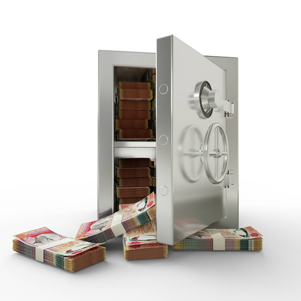 Pakiety mauretańskich rupii w stalowym sejfie. 3D renderowania stosy pieniędzy wewnątrz skarbca metalicznego izolowane na białym tle, Koncepcja ochrony finansowej, bezpieczeństwo finansowe. - Zdjęcie, obraz