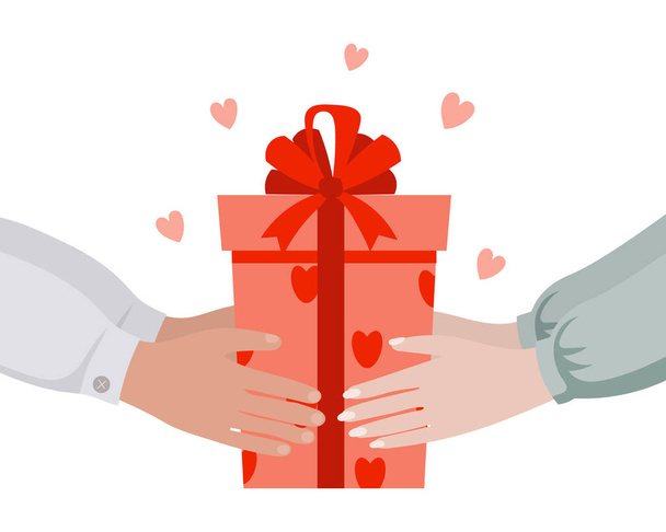 Geschenkkarton und männliche und weibliche Hände. Design für den Valentinstag. Festliche Illustration, Vektor - Vektor, Bild