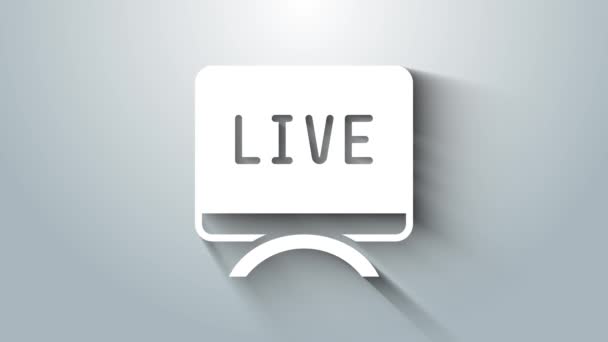 White Live rapport icoon geïsoleerd op grijze achtergrond. Live nieuws, goed nieuws. 4K Video motion grafische animatie. - Video