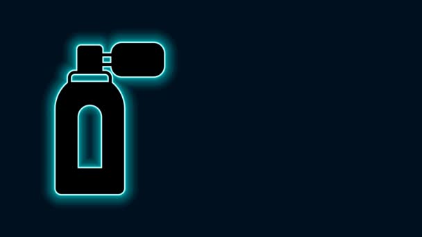 Gloeiende neon lijn Aftershave fles met verstuiver pictogram geïsoleerd op zwarte achtergrond. Keulen spray icoon. Mannelijke parfumfles. 4K Video motion grafische animatie. - Video