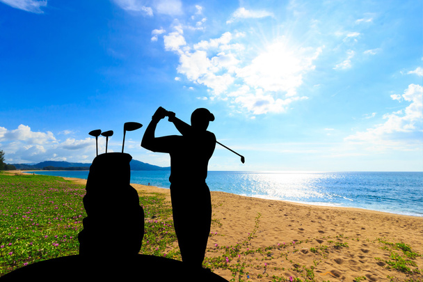 silhouette golfer  beautiful sky backlit sunset background. - Photo, Image