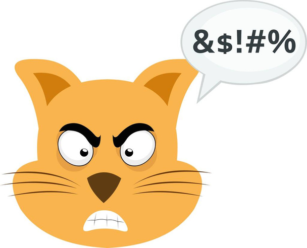 vector illustration of the face of a cartoon cat with an angry expression and a dialogue bubble with an insult text - Vector, Image