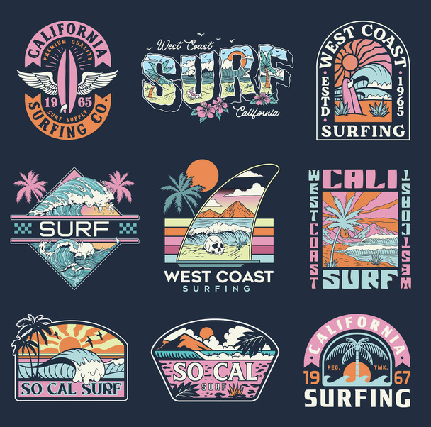 Surf Vector Graphic Set. Una collezione di design vintage, moderni, disegnati a mano e puliti vettoriali surf. - Vettoriali, immagini
