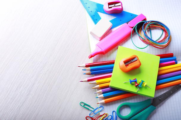 School supplies on desk, close-up - Photo, Image