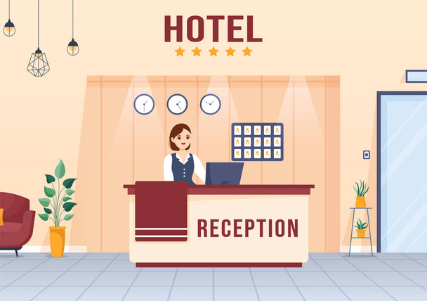 受付とホテルのレセプションフラット漫画ハンドドローテンプレートで予約するための人々と旅行者のインテリアイラスト - ベクター画像