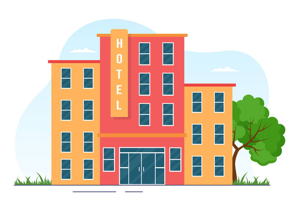 Wolkenkratzer Hotel Gebäude Flache Cartoon Hand gezeichnete Illustrationsvorlage mit Blick auf den Stadtraum von Street Panorama Design - Vektor, Bild