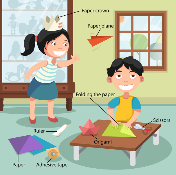 děti, skládání papíru, vektor s slovník - Vektor, obrázek