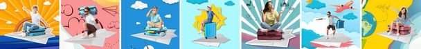 Zestaw różnych podróżników z walizkami latającymi na papierowych samolotach. Koncepcja urlopu - Zdjęcie, obraz