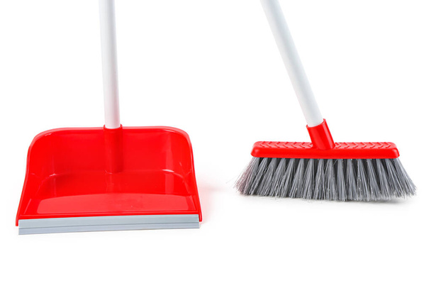 Dustpan with broom isolated on white background, closeup - Photo, Image