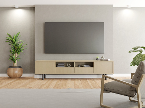 3D візуалізація сучасної вітальні з телевізійним екраном на сірій стіні
. - Фото, зображення