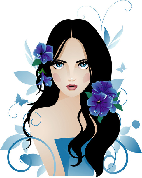 青い花を持つ少女 - ベクター画像