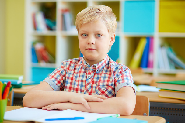 Schoolboy by desk in classroom - Photo, Image
