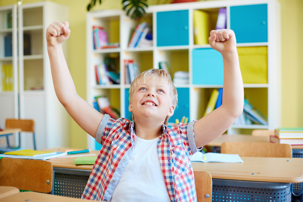 Ecstatic schoolboy in classroom - Fotó, kép