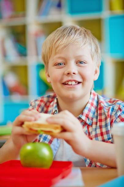 Школьник с бутербродом
 - Фото, изображение