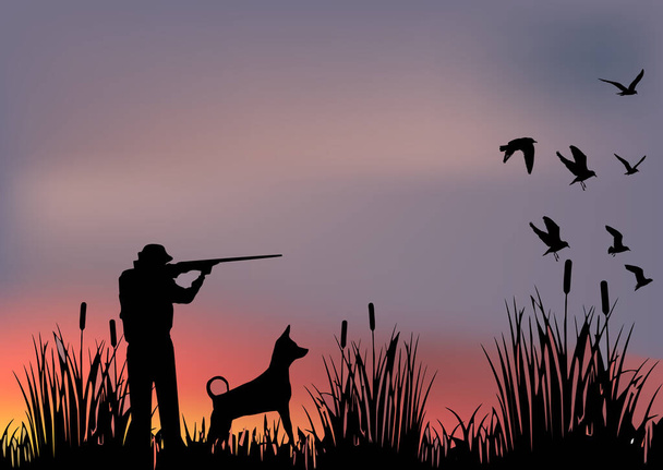 Κυνηγός με κυνηγετικό σκυλί και τουφέκι την αυγή - Διάνυσμα, εικόνα