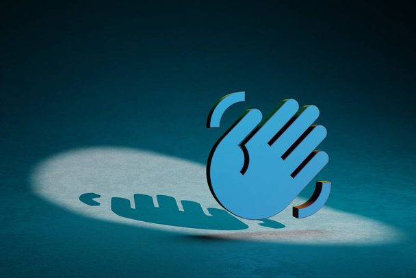 Belle illustrazioni astratte Waving icona simbolo della mano su uno sfondo blu scuro. Illustrazione di rendering 3d. Modello di sfondo per la progettazione. - Foto, immagini