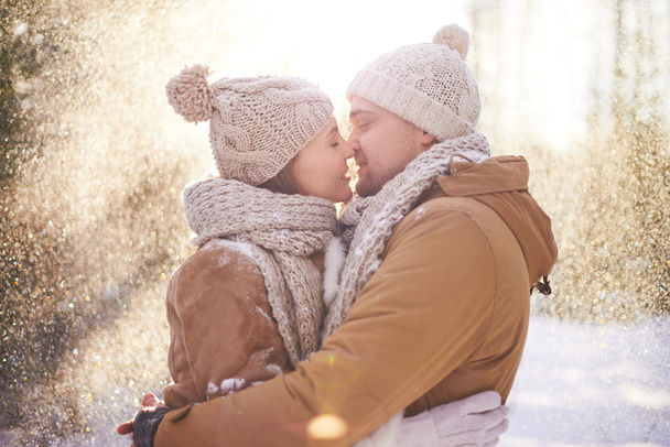 Miłości para całuje w śniegu - Zdjęcie, obraz