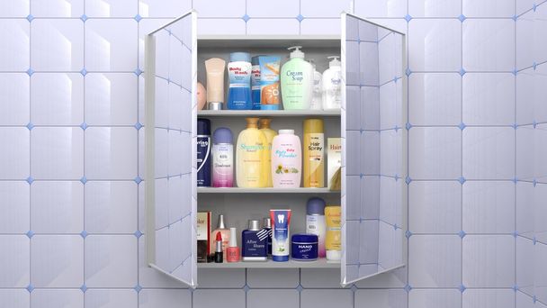 Vari cosmetici e prodotti per la cura personale nell'armadio del bagno
  - Foto, immagini