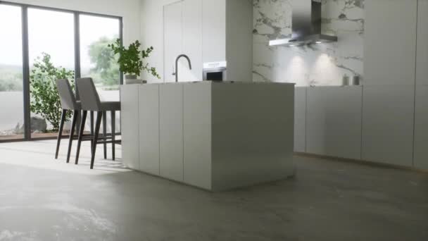 Video 3d di una moderna cucina bianca con isola. Cucina bianca con marmo bianco in stile minimalista. - Filmati, video