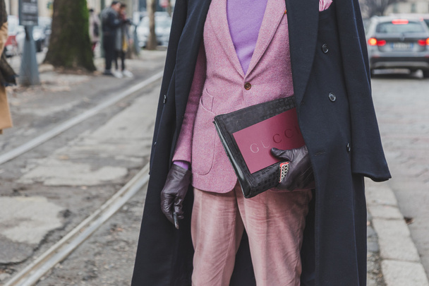 Detail of a bag outside Gucci fashion show building for Milan Men's Fashion Week 2015 - Valokuva, kuva