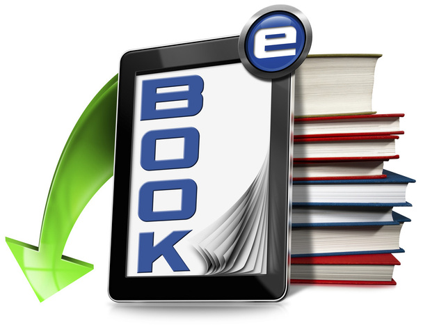 E-Book-Symbol mit Tablet und Büchern - Foto, Bild