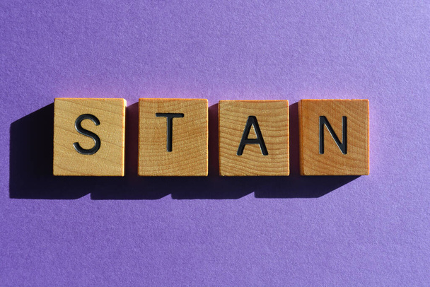 Stan, palavra em letras de madeira do alfabeto isolado no fundo roxo - Foto, Imagem