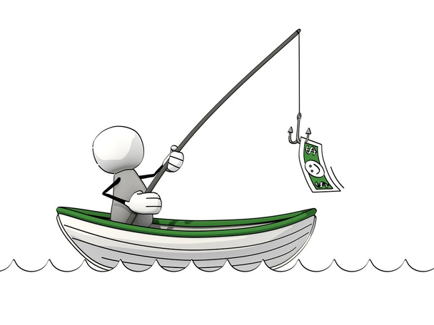 Pequeno homem esboçado em um barco a remos pescando por dinheiro
 - Foto, Imagem
