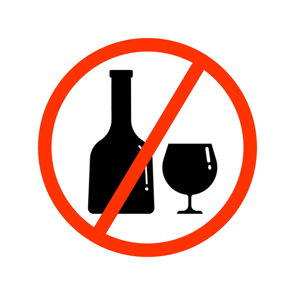 A set of black silhouettes of a bottle and a glass in a red crossed out circle. Vector clip art isolate on white. Alcohol ban illustration. - Vector, Image