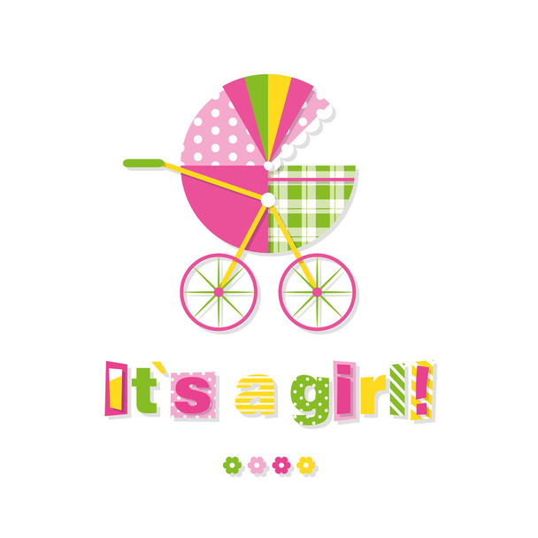 Bebek kız bebek arabası tebrik kartı - Vektör, Görsel