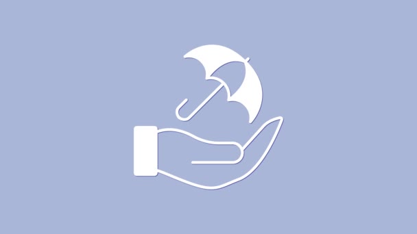 Weißer Regenschirm in der Hand Ikone isoliert auf lila Hintergrund. Versicherungskonzept. Wasserdichtes Symbol. Schutz, Sicherheit, Sicherheitskonzept. 4K Video Motion Grafik Animation. - Filmmaterial, Video