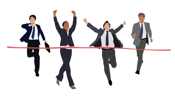 Happy Business people running to finish line. Diverse businessmen, businesswoman crossing red ribbon in winning pose. Cartoon male character vector realistic illustration isolated on white background - Vector, Image