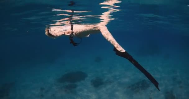透明ブルーの海で海の表面にリラックス無料のダイバーの女性。ダイビング後にフィンでリラックスした解放 - 映像、動画